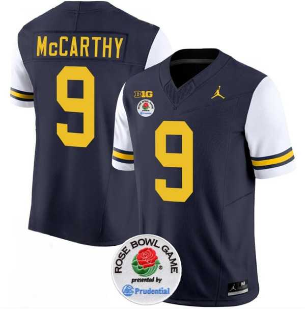 Men%27s Michigan Wolverines #9 J.J. McCarthy 2023 F.U.S.E. Navy White Rose Bowl Patch Stitched Jersey Dzhi